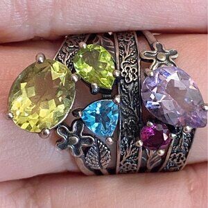 Ring Size 9 Citrine Tourmaline Peridot Topaz Floral Nature Sterling Silver 925 W